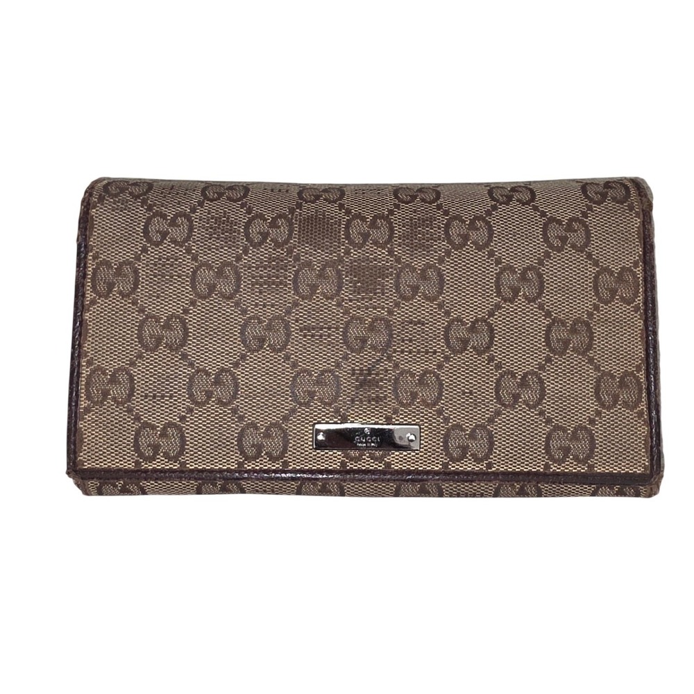 Gucci GG Supreme Monogram Canvas Brown Leather Kiss Lock Long Wallet Italy